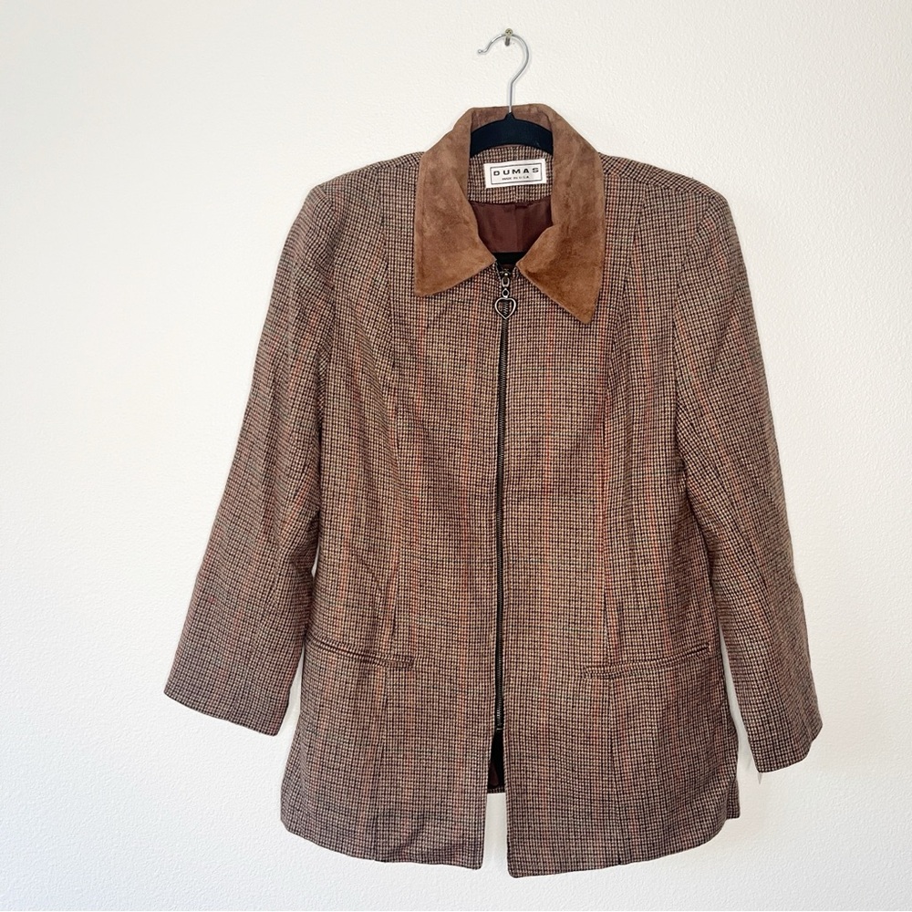 VTG Dumas Tweed Jacket Size 6 Suede Collar Equestrian Zip Front Fall Jacket USA